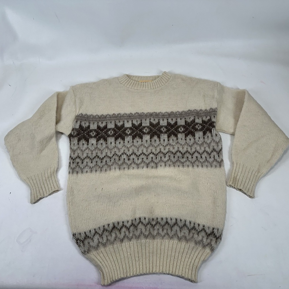 Vintage Icelandic GE-KA Wool Sweater Size M Made In England Ivory Brown Unisex‎